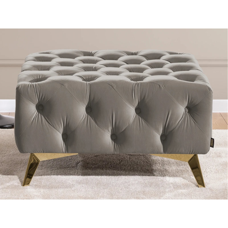 Whitby 80cm Wide Velvet Tufted Square No Pattern Footstool Ottoman, Gold, Grey