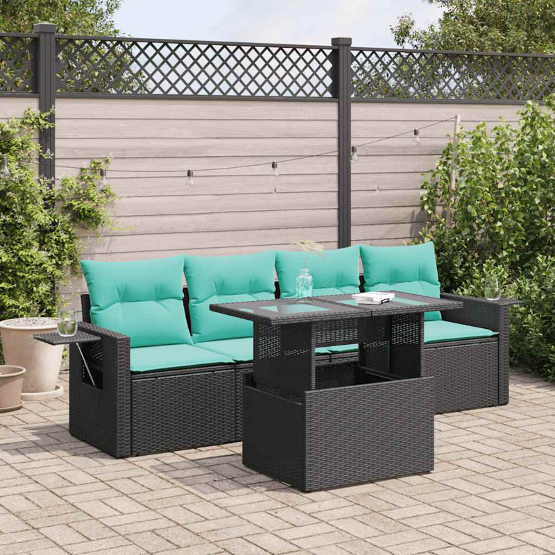  5 Piece Patio Sofa Set With Cushions Poly Rattan Acacia, Brown, Green