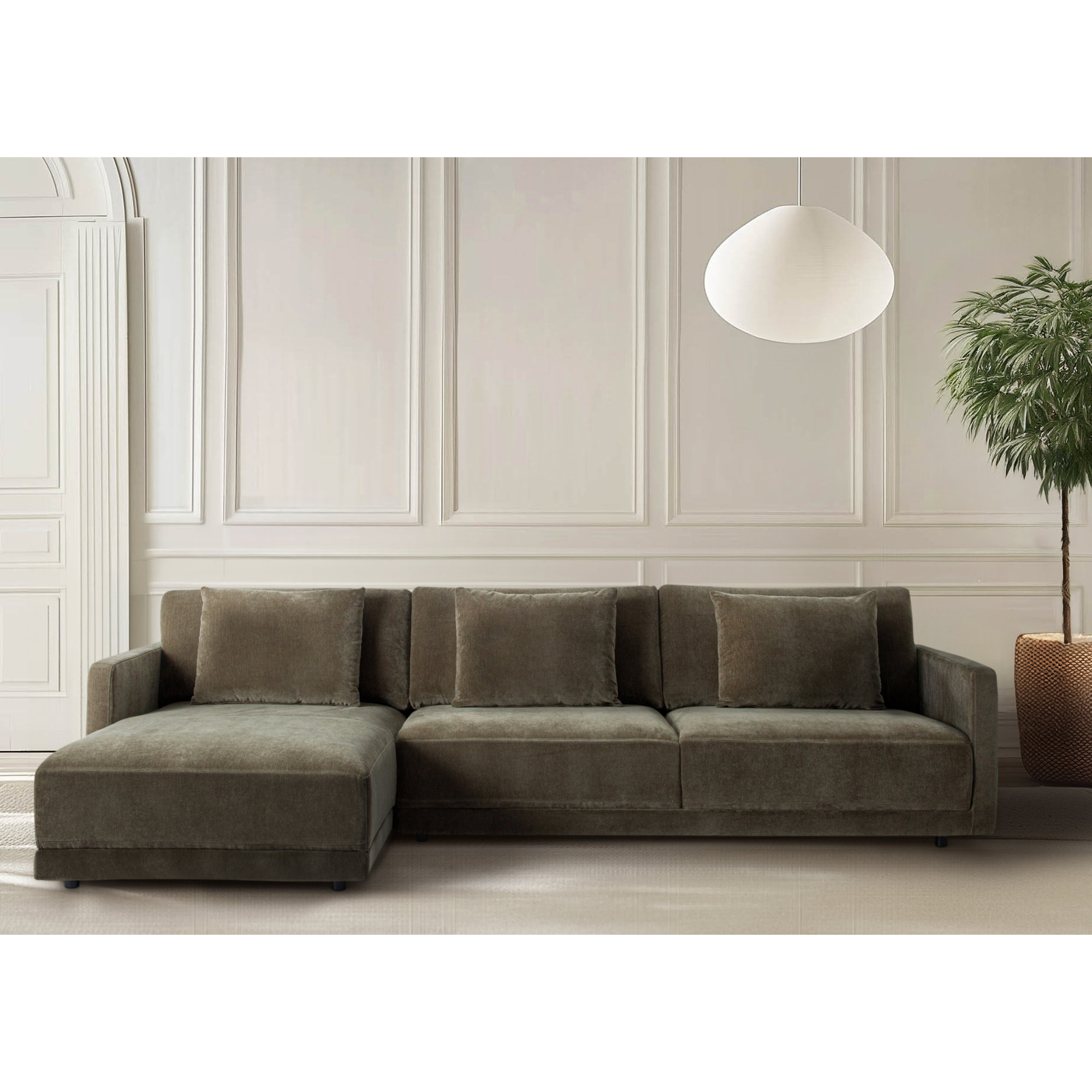 Kenji Upholstered Chaise L-Sectional, Olive Green Performance Chenille, Right Hand Facing