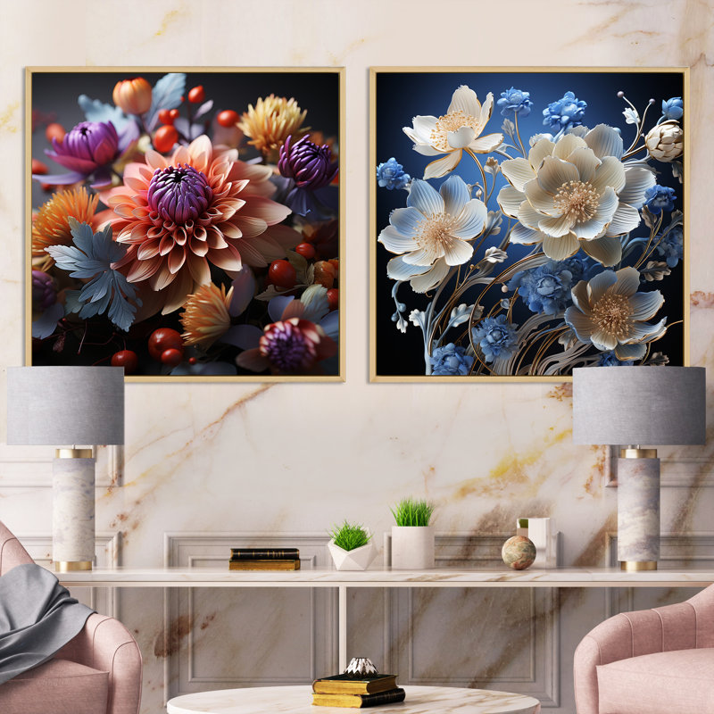 Ensemble de 2 fleurs de néon rose et bleu, Cadre flottant brun, H 30 po x l 61 po