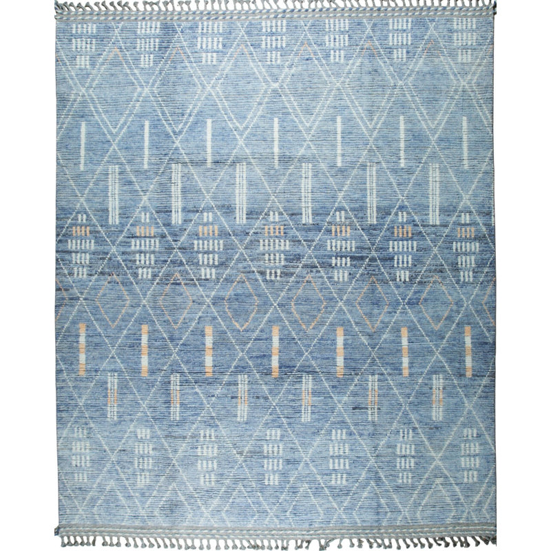 8x10 Blue Hand-Knotted Wool Diamond Lattice Tribal Modern Contemporary Carpet Rug