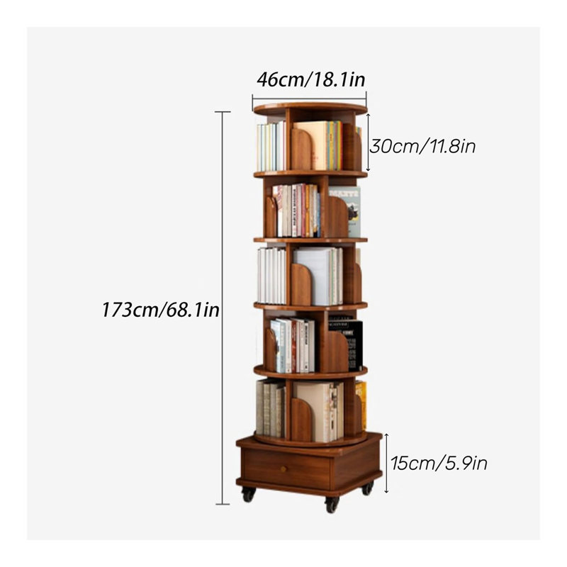 Rotating Bookshelf, 360 Display Corner Bookshelf for Small Space, 6 Tier Bookcase Storage Rack with Wheels, Wood Narrow Organizer for Bedroom, Living Room, Study Room, Walnut Brown,Shelves,Bookcase