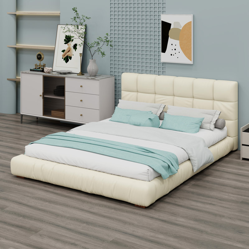 Base de lit plateforme moderne à profil bas avec tête de lit capitonnée et support à lattes robuste, Beige