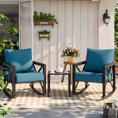2-Person Outdoor Rocking Chair Set with Table and Cushions