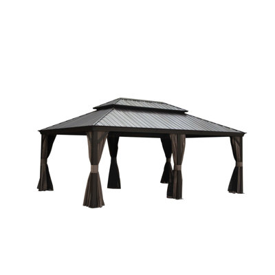 Pavillon de jardin rigide de 14 pi x 20 pi, pavillon de jardin permanent avec double toit et cadre en acier galvanisé, rideau et filet, pavillon de jardin grand pavillon, aspect bois