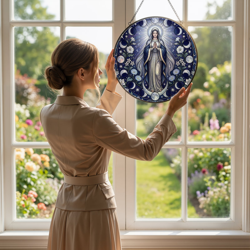Panneau de vitrail de lune en forme de fleur, H 12 po, H 12 po