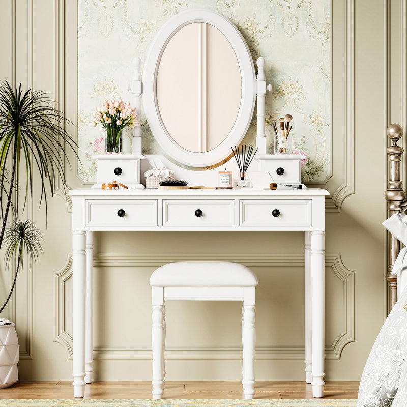 Table de maquillage rétro blanche avec miroir ovale réglable à 180 degrés, 5 tiroirs doublés de velours et tabouret rembourré, coiffeuse en bois d'hévéa massif assorti à la chambre à coucher