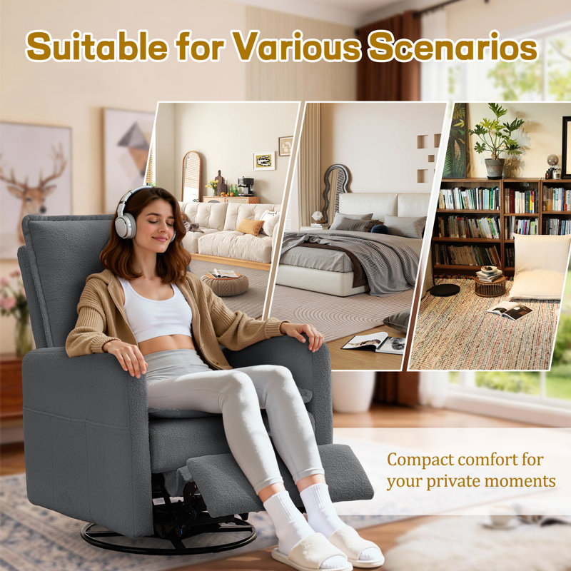Recliner Chair, Swivel Recliners With Pillows, Small Rocker Recliner For Small Space, Manual Recliner With Side Pockets, Gray