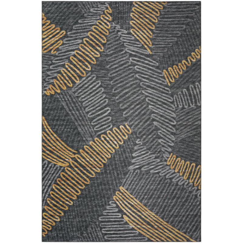Tapis abstrait gris / jaune tissé à la machine, Rectangle 8 pi x 10 pi