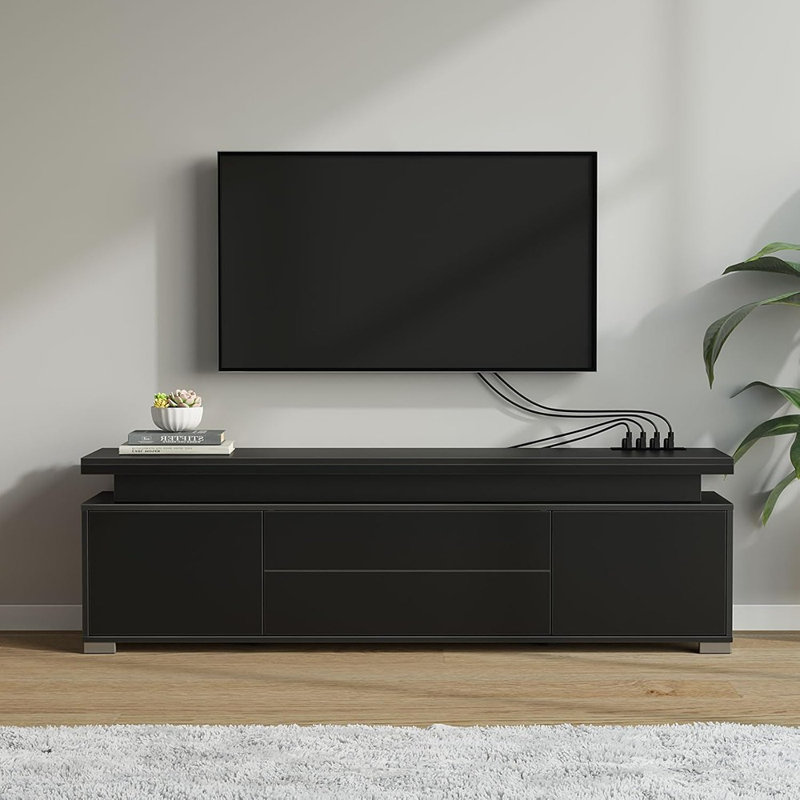 Meuble télé avec prise de courant et lumières DEL - Meuble audio-vidéo moderne avec grande armoire de rangement [Noir] - [Bois / Moderne / Console multimédia]