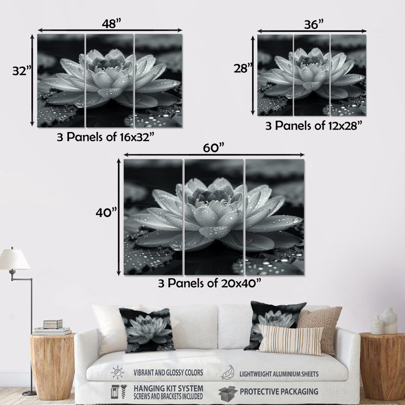 Lotus gris photo élégante silhouette II - ensemble de décoration murale lotus, H 40 po x l 60 po x P 1 po