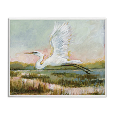 White Heron Flying Framed Giclee, design by Susan Winget