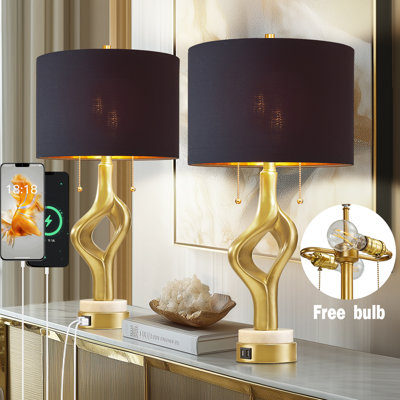 Set of 2 – 23" Modern Gold Table Lamps with Dual Heads, USB Ports, Marble Base and Free Bulbs for Bedroom or Living Room