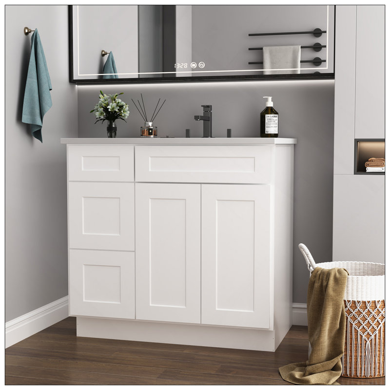 Versatile 36 In. W X 21 In. D X 34.5 In. H In Shaker White Plywood Ready To Assemble Floor Vanity Sink Base Kitchen Cabinet With Left Door