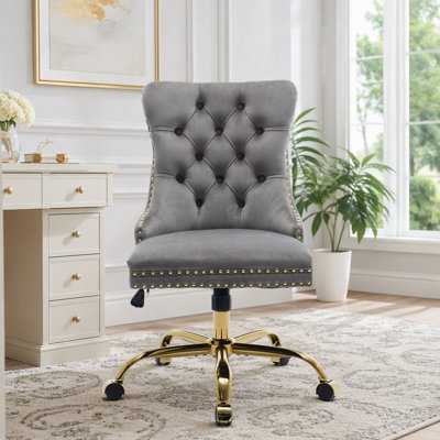 Luxury Velvet Office Chair with Gold Base and Diamond Tufting