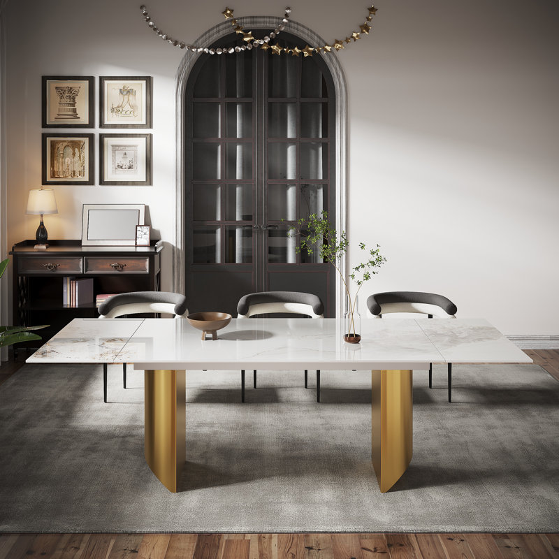 9 - Piece 63'' To 94.5'' Extendable Dining Table Set Sintered Stone Dining Table With 8 Upholstered Armchair, Chanel, Gold