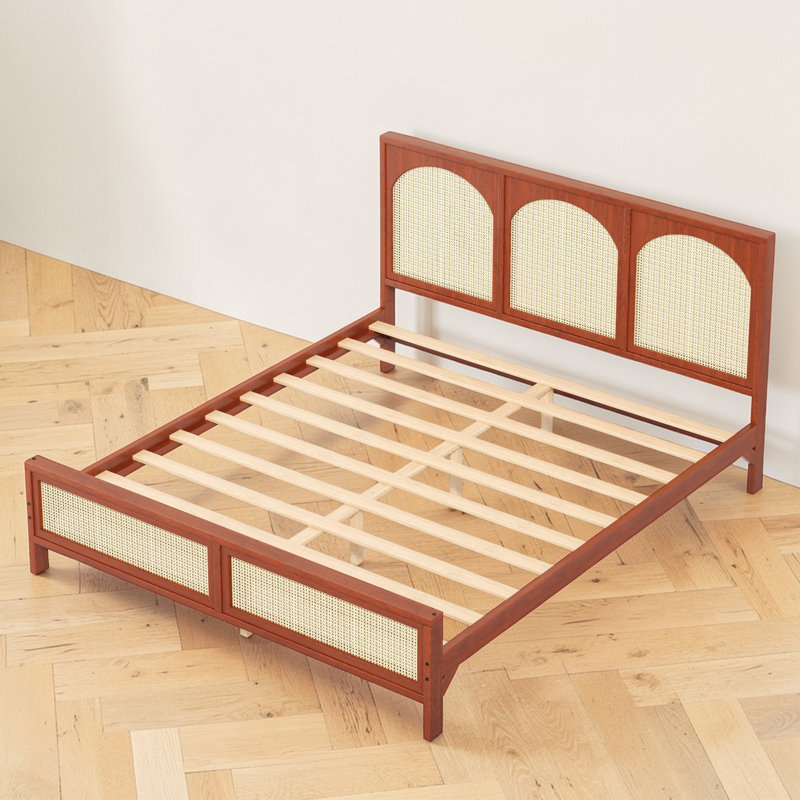 Wood Platform Bed With Rattan Headboard & Footboard, Wood Frame, Bohemian, Bedroom, Walnut/Beige, King