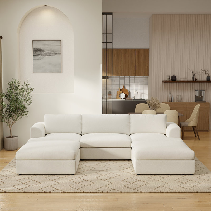 Akshata 5-Piece Upholstered Boucle Sectional Slipcovered Sofa With Ottoman, White Fabric/Boucle