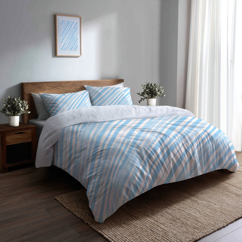 Ensemble de literie 3 pièces Coastal - Ensemble de housse de couette et de coussins rayés bleu et blanc