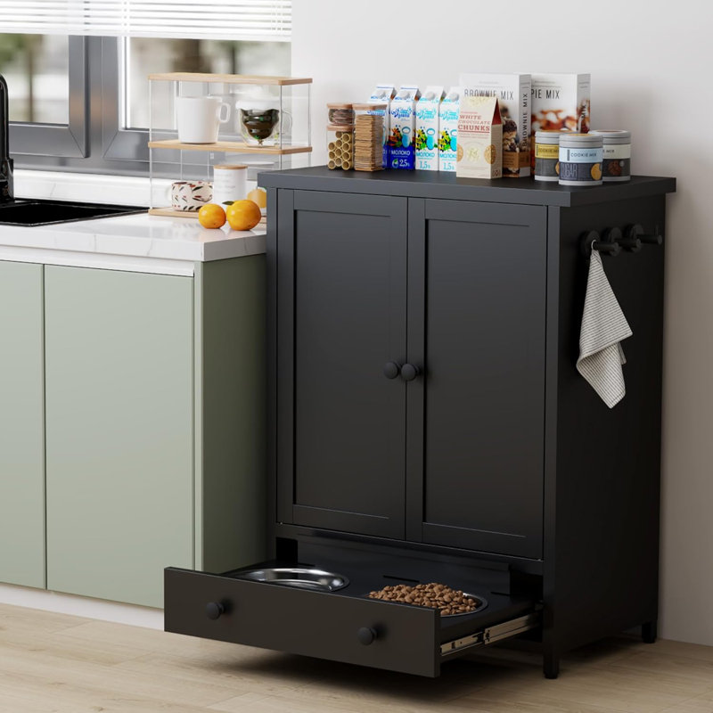 Dog Feeding Station with Storage, Metal Dog Food Storage Cabinet with 2 Elevated Bowls and 3 Hooks