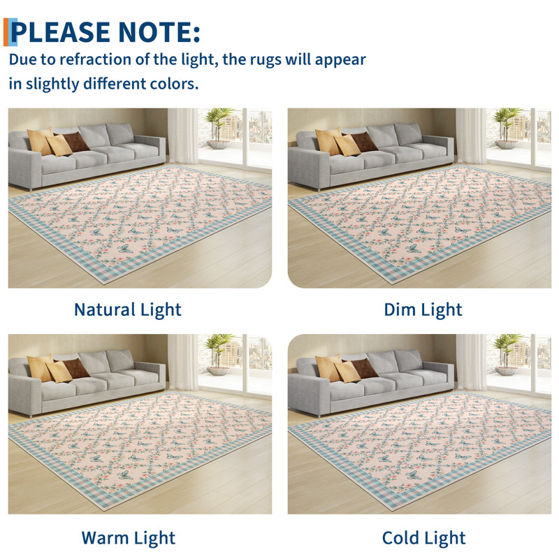 Machine Washable Modern Butterfly Floral Rug Non Slip Non Shedding Low Pile Rug Ultra-Soft Throw Floor Cover Foldable Indoor Carpet for Living Room Bedroom Guest Room Playroom Nursery