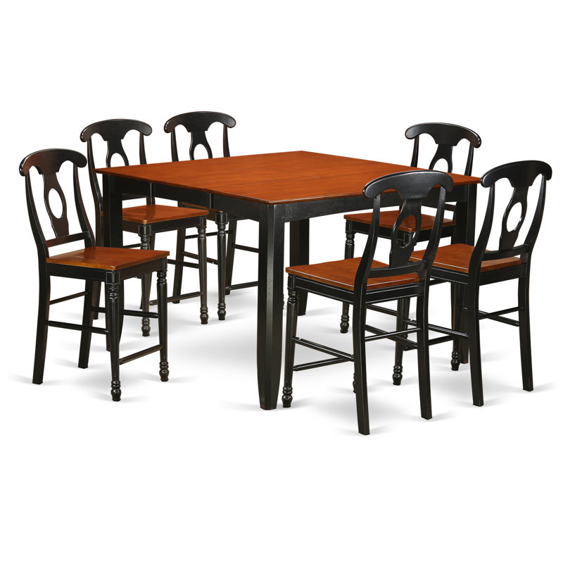 7 Piece Counter Height Dining Set Consist of a Square Kitchen Table with Pedestal and 6 Dining Chairs, Black & Cherry