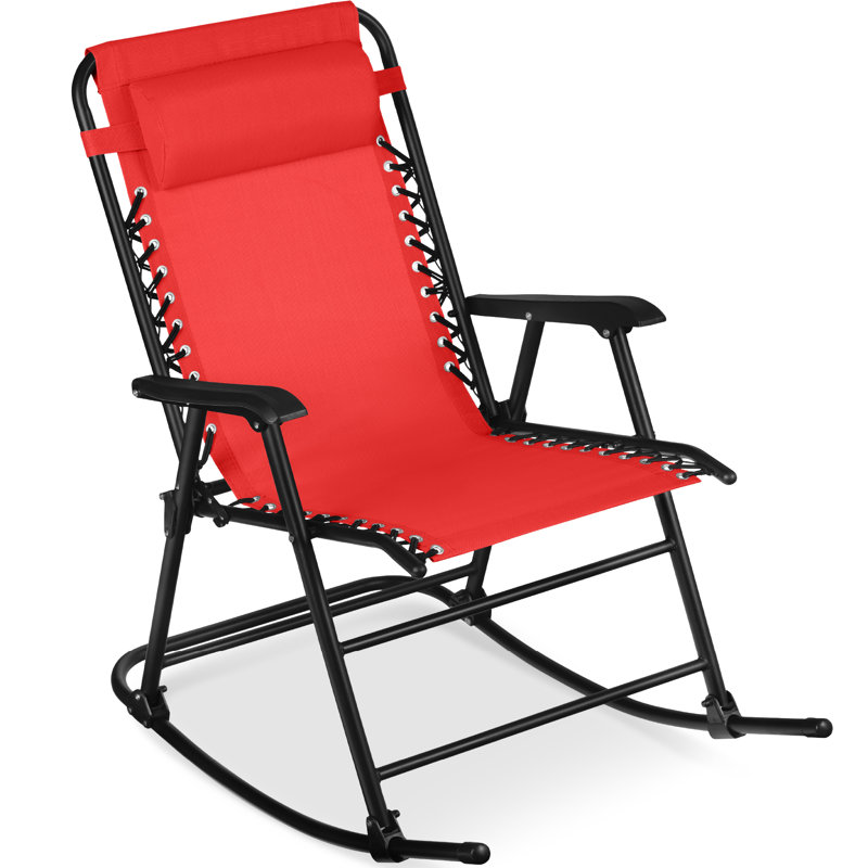 Folding Outdoor Zero Gravity Rocking Lounge Chair W/ Headrest Pillow, Crimson Red