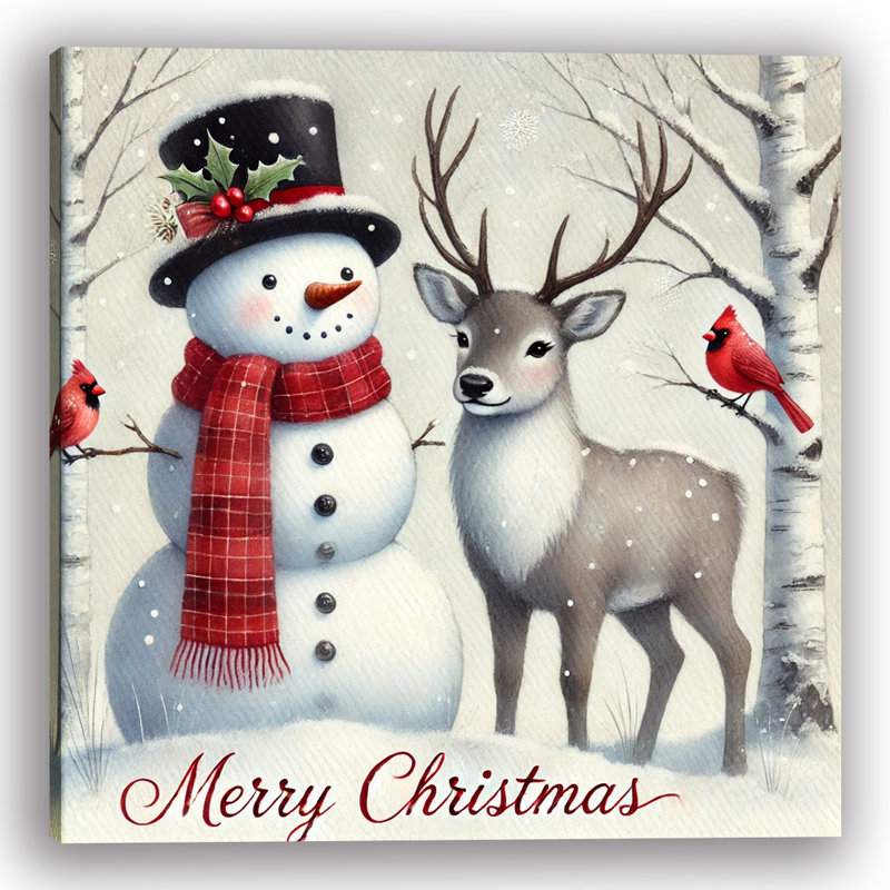 «Winter Friends: Snowman and Deer Holiday», art sur toile, H 30 po x l 30 po x P 1,5 po