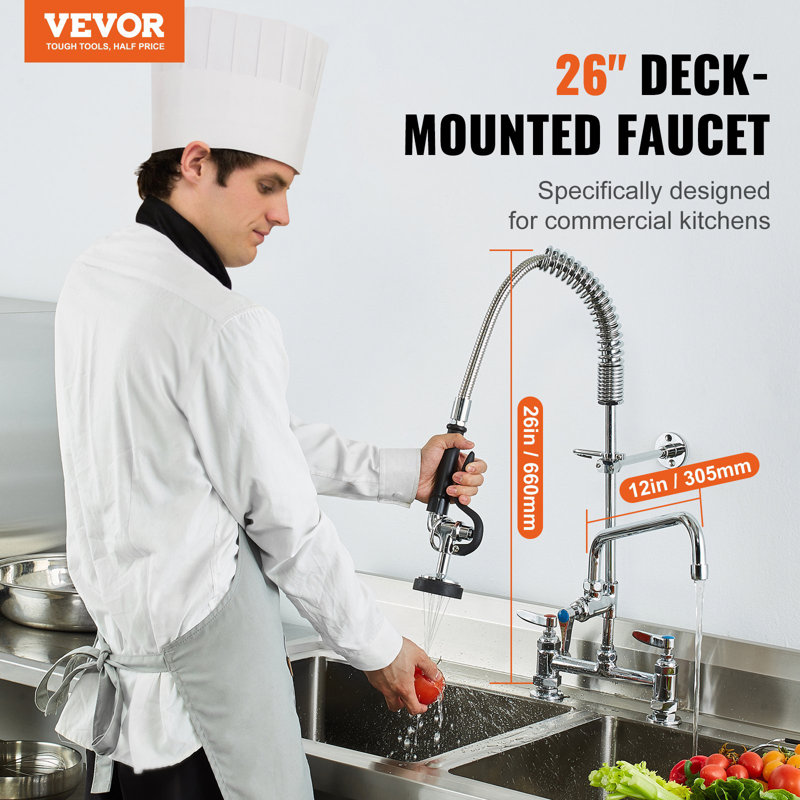 Robinet commercial avec pulvérisateur de pré-rinçage, hauteur de 26 po, centre de 8 po, bec pivotant de 12 po, robinet d'évier de cuisine à fixation sur le comptoir, dispositif en laiton avec douchette rétractable, pour évier à 1/2/3 compartiments