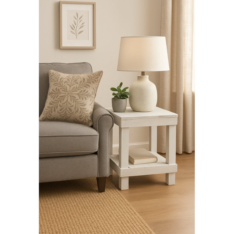 Table de bout en bois massif avec rangement Juliana, Blanc, H 23 po x l 19 po x P 19,5 po