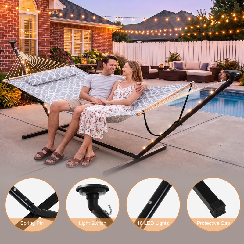 12 pi. Hamac portatif robuste avec support et coussin amovible - Lumières DEL à énergie solaire - Capacité de 475 lb