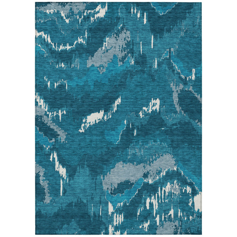 HomeRoots 3' X 5' Navy Blue And Teal Blue Abstract Washable Indoor Outdoor Area Rug