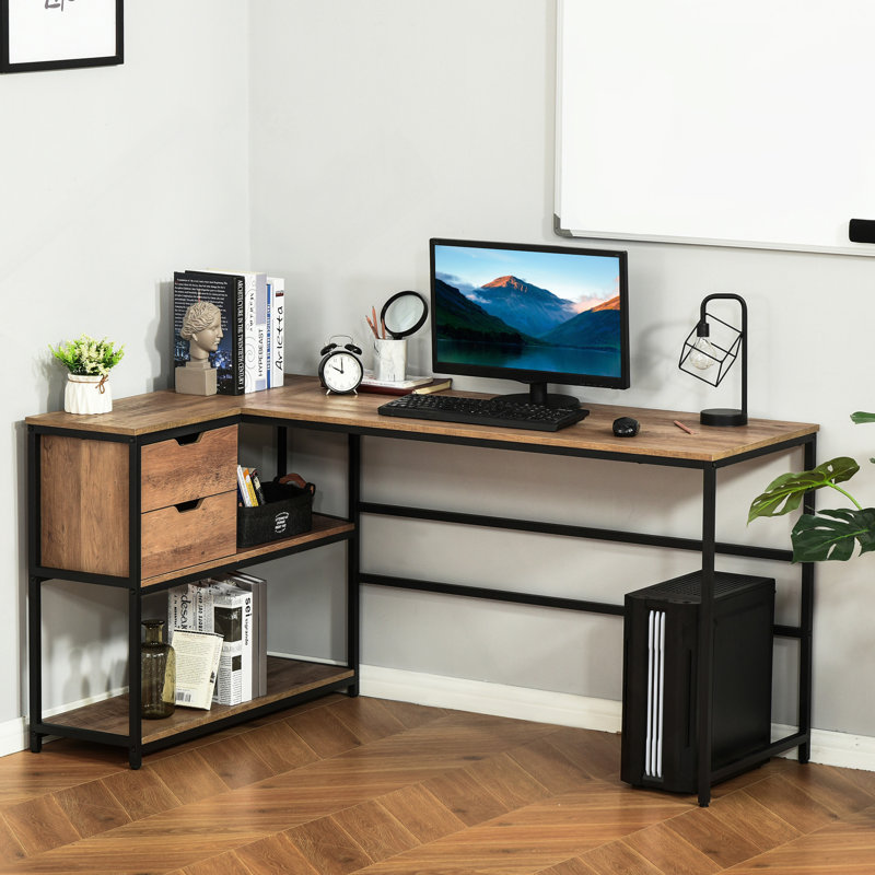 Bureau d'ordinateur en L avec tablettes de rangement, 2 Dawers et structure en acier industriel, noir / brun