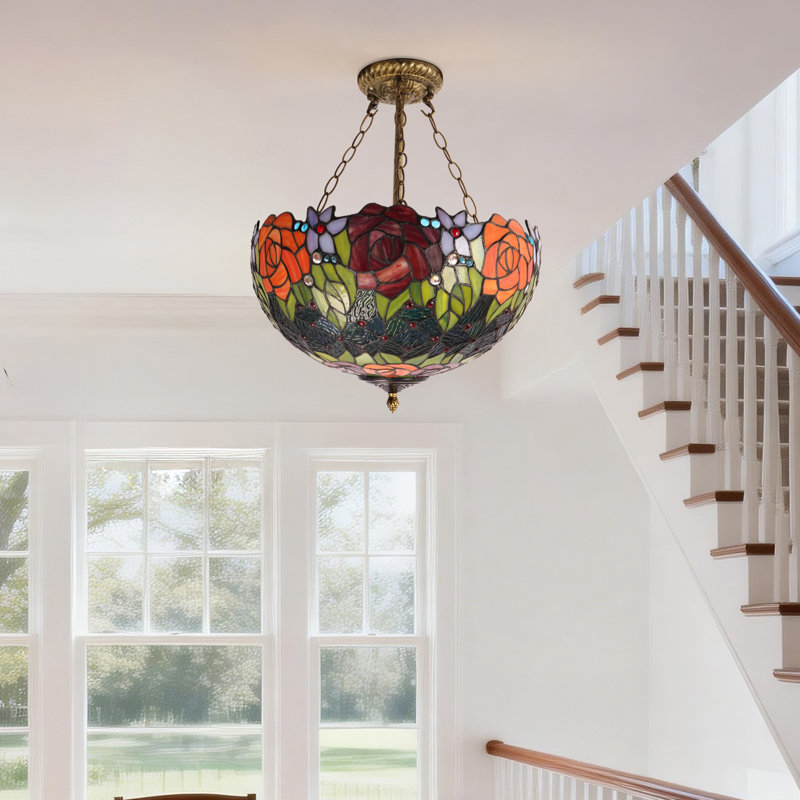 Flower Pendant Light  Stained Glass With 3-Warm Light