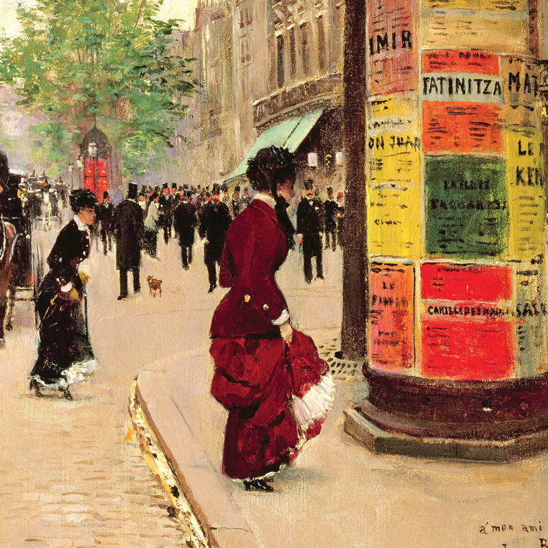 Paris Kiosk 1880-84, reproduction de peinture à l'huile sur toile encadrée, H 18,25 po x l 16,25 po x P 1,875 po