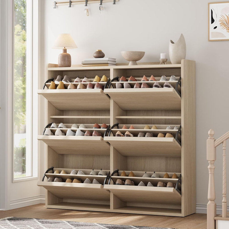 Shoe Cabinet with 2/3/4/6 Flip Drawers/ with 3 Flip Drawers & Side Door, Wooden Shoe Organizer w/Adjustable Shelf, Shoe Storage for Entryway, Hidden Shoe Cabinet for Hallway,