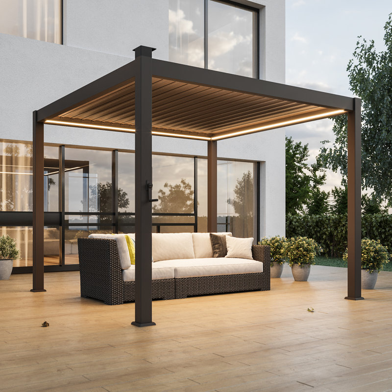 Metal Louvered Pergola with Solar Lights, 9.8 ft x 9.8 ft