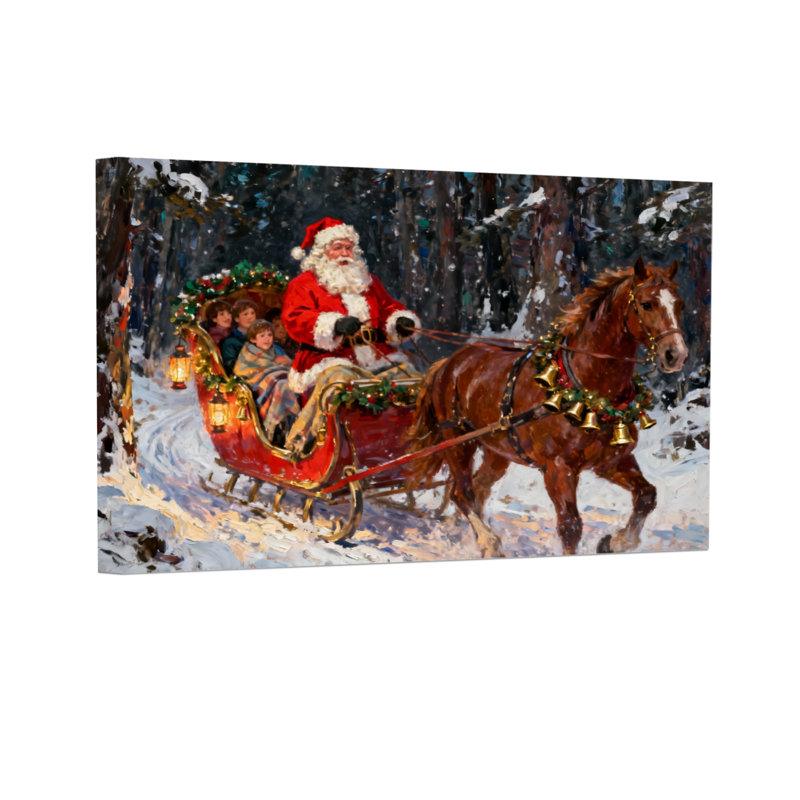Père Noël de Noël en traîneau à cheval dans la forêt enneigée, H 12 po x l 18 po
