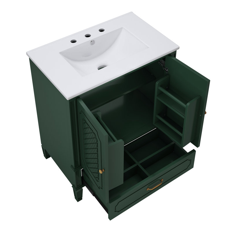 [Vidéo] Meuble-lavabo de style rétro 30 po avec lavabo, rangement multifonctionnel, tablette de porte, porte à fermeture en douceur, vert (Même SKU: N759P218644F)