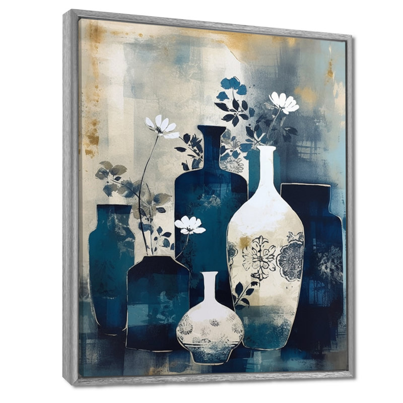 Art mural bleu et crème fantaisiste en argile II - Boho Pottery, H 40 po x l 30 po, Encadrement argenté