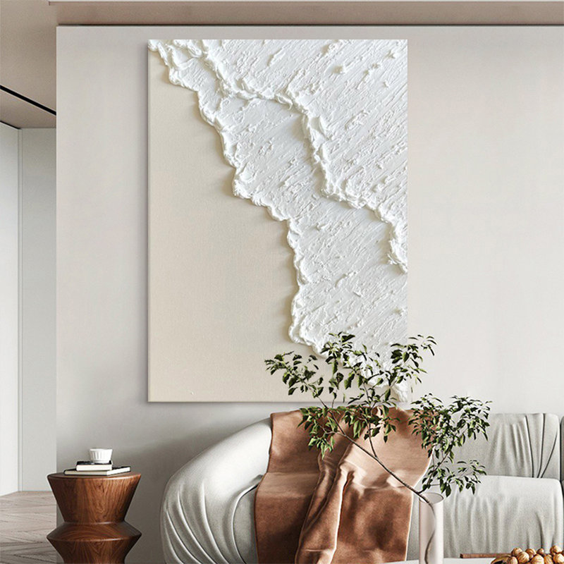 Art mural sur toile minimaliste blanc texturé 3D à la main, peinture abstraite côtière neutre sans cadre pour le salon