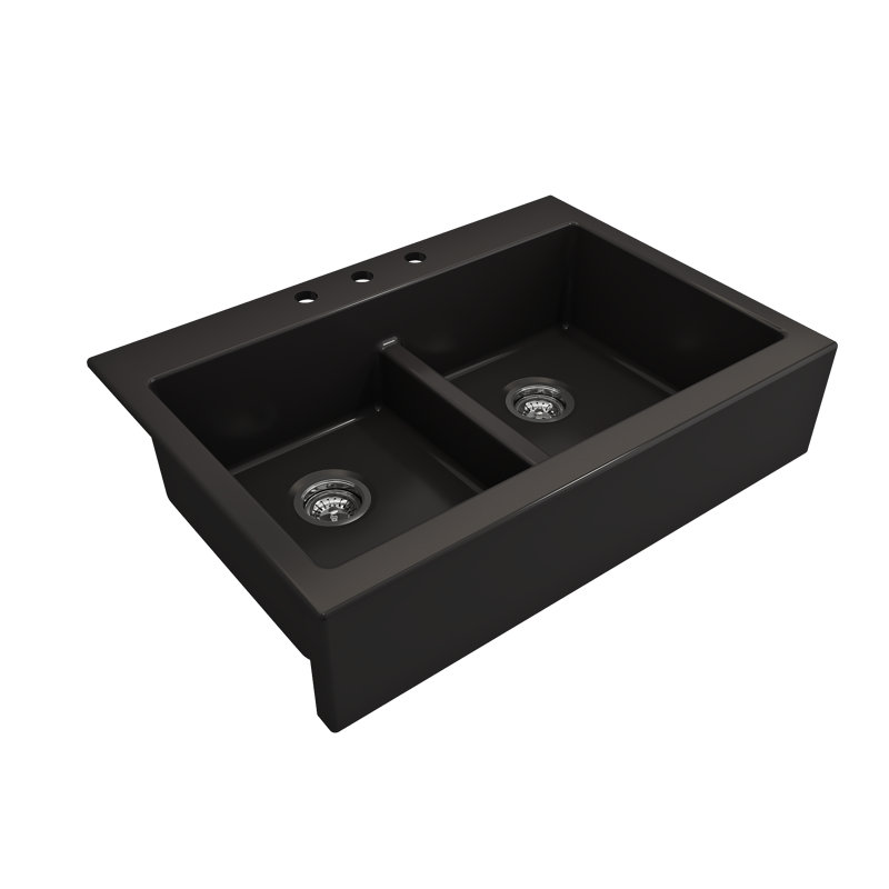 Nuova 34 in. L Farmhouse Double Basin Kitchen Sink, Matte Black