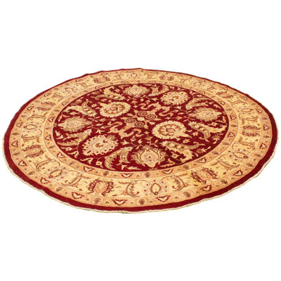 Tapis décoratif de laine ronde rouge foncé/beige à motif de laine ronde de conception unique noué à la main new age chobi