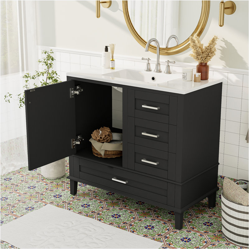 36" Bathroom Vanity with Solid Pine Frame, 1 Soft Close Door and 3 Drawers , Modern Storage Cabinet, Black