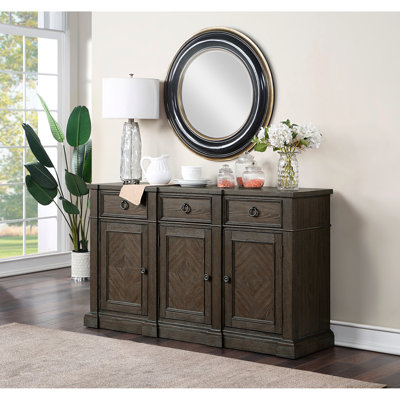 Driftwood Brown Finish Server With 3 Drawers And Storage Cabinets, Classic Style For Dining Room, Ash Veneer Weathered Look Cabinets Bearing Glides, Suitable Room Dishware