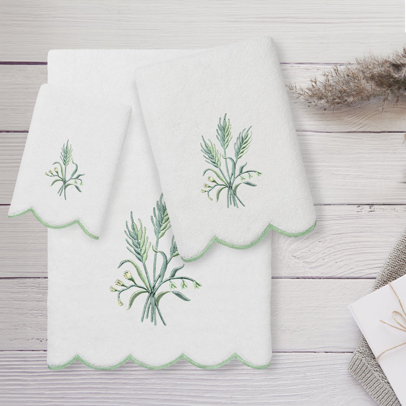  Ensemble de serviettes 100% coton festonné 100% coton WHITNEY, Blanc/vert, Ensemble 3 serviettes de bain