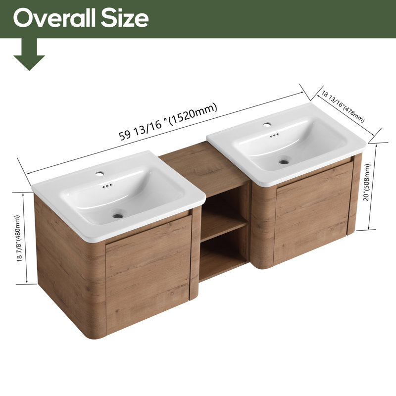 60'' Double Bathroom Vanity with Ceramic Top, 60"