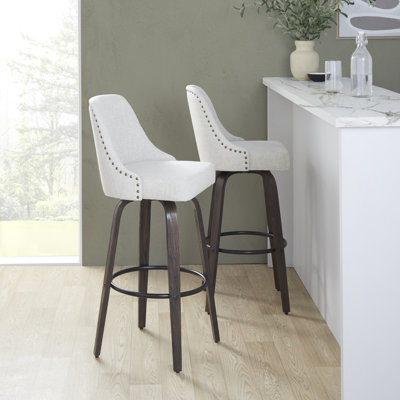 Tabouret de bar clouté 30 po à hauteur fixe avec pieds en bois cintré et repose-pieds rond - ensemble de 2