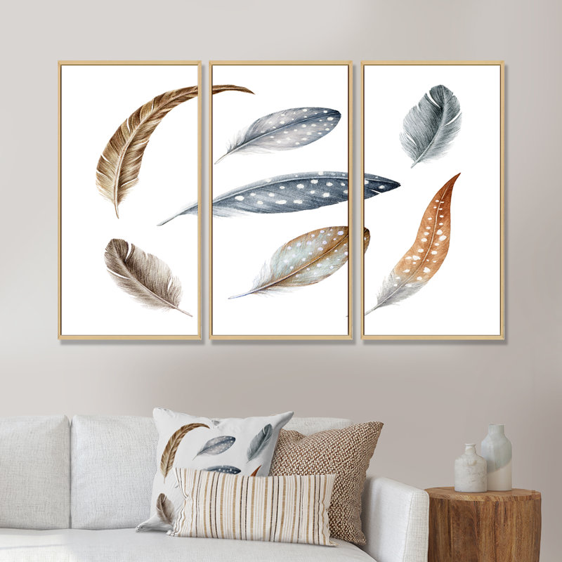 «Grey Boho Polka Dot Feathers II», ensemble de 3 reproductions d'art sur toile encadrées bohémiennes et éclectiques, Brun