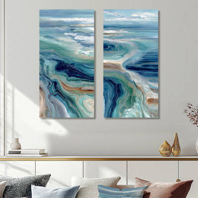 Green Blue Abstract Liquid River – Coastal Metal Wall Art Set of 2 Prints